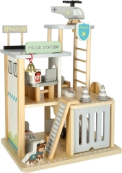 Drewniana stacja policyjna z garażem, autem i helikopterem
