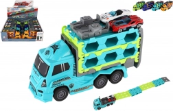 Plastikowy ciężarowy transporter samochodów na napęd cierny 22 cm + 2 sportowe autka