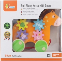 Drewniany konik na sznurku z zębatymi kółkami