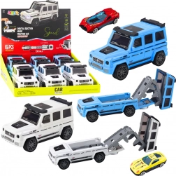 samochód terenowy z ukrytym autkiem i wyrzutniową rampą, światło i dźwięk – biały/ niebieski