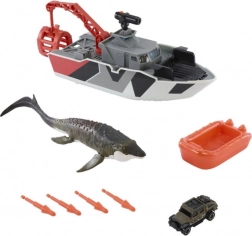Matchbox Jurassic World łódź ratunkowa z mozazaurem i jeepem
