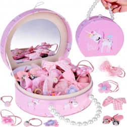 Urocza szkatułka z eko skóry z lusterkiem i zestawem ozdób do włosów