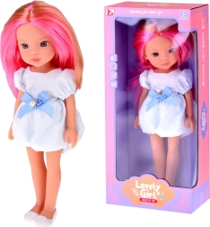 lalka z długimi różowo-blond włosami w białej sukience z niebieską kokardą 33 cm