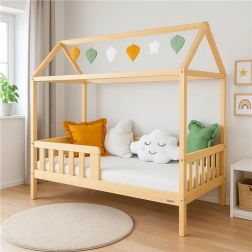 Łóżko dziecięce domek z barierką i stelażem New Baby Castello 160 × 80 cm naturalne