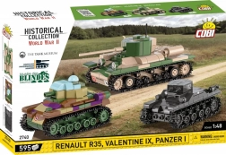 Historyczny plastikowy zestaw konstrukcyjny czołgów Renault R35, Valentine IX, Panzer I