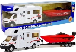 Zabawka kamper z czerwonym pontonem i napędem ciernym 1:48