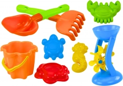 Kolorowy zestaw zabawek do piasku z młynkiem i foremkami