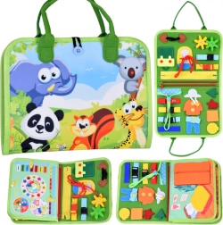 Tekstylna książeczka manipulacyjna Montessori ze zwierzętami i zegarem