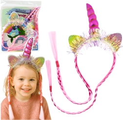 Różowa opaska jednorożec z rogiem, uszami i warkoczami