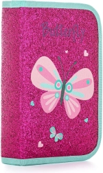 Jednopiętrowy szkolny piórnik z efektem cekinów, motyw motyla, 2 klapki