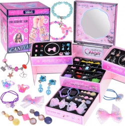 Rozkładane pudełko na biżuterię dla dzieci z koralikami i ozdobami do włosów