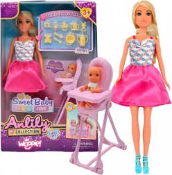 Woopie Royal lalka Lily z niemowlęciem i krzesełkiem do karmienia – zestaw akcesoriów