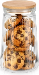 Szklany żebrowany pojemnik z bambusową pokrywką i uszczelką 1 l