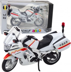 Metalowy motocykl 1:12 ze światłami i dźwiękami – biały z czerwono‑żółtymi elementami
