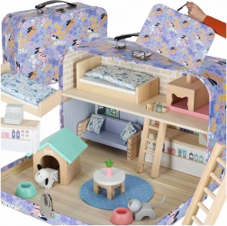 Przenośny drewniany domek w kufrze – hotel dla zwierzaków z meblami i figurkami