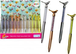 Długopis z ptaszkiem i błyszczącymi kryształkami, niebieski tusz 0,7 mm