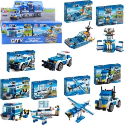 Klocki policyjne 8w1 – pojazdy, budynki i helikopter (98–118 elementów)