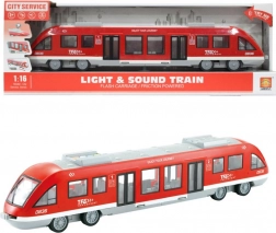 Czerwony tramwaj z otwieranymi drzwiami, dźwiękami i światłami