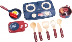 Zestaw kuchenny z kuchenką, naczyniami i produktami spożywczymi