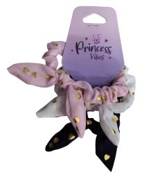 PINK zestaw gumek do włosów scrunchie z kokardą i złotymi serduszkami - 3 szt.