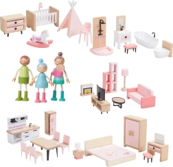 Drewniany zestaw mebli do domku z rodzinką 5 w 1