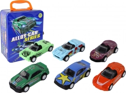 Zestaw metalowych autek z napędem ciernym w blaszanej walizeczce 1:64, 6 szt.