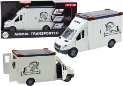 Biały transporter dla koni z otwieranymi drzwiami oraz efektami świetlnymi i dźwiękowymi