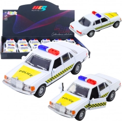 Metalowy policyjny samochodzik 1:32 z napędem pull-back i otwieranymi drzwiami, biały