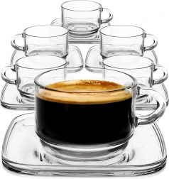 Szklane filiżanki z kwadratowymi spodkami 250 ml, zestaw 6 szt.