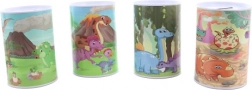 Metalowa skarbonka z motywem dinozaurów