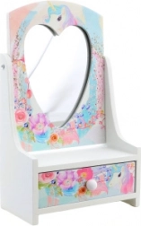 Drewniana szkatułka na biżuterię z lustrkiem w kształcie serca Jednorożec