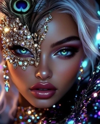Diamentowe malowanie kobieta z pawią maską 30 × 40 cm