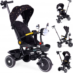 Dziecięcy trójkołowiec z siedziskiem obracanym o 360°, prowadzącą rączką i budką, czarny, ECOTOYS