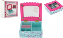 Drewniana szkatułka na biżuterię z kwiatami i lustrem, turkusowo‑różowa
