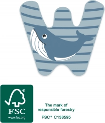 drewniana litera W z motywem wieloryba