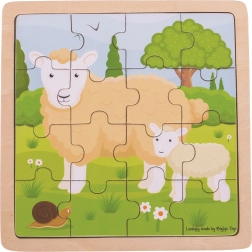 Drewniane puzzle ramkowe Owieczka z jagnięciem BIGJIGS TOYS, 18 elementów