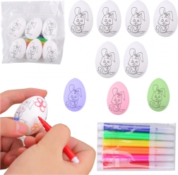 Wielkanocne styropianowe jajeczka do malowania ze wzorem króliczka, 6 szt. z pisakami