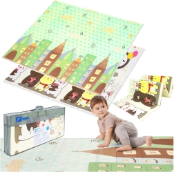 Dwuwarstwowa składana piankowa mata do zabawy HUMBI 200 × 180 × 1 cm – miasteczko, zwierzątka