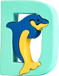 Drewniana literka D z delfinem – edukacyjna układanka