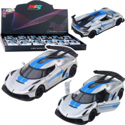 Metalowy sportowy samochodzik 1:32 z napędem typu pull-back i otwieranymi drzwiami – srebrny