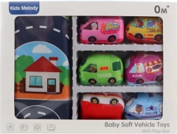 Dziecięcy zestaw transportowy z materiałowym dywanikiem i 6 pojazdami