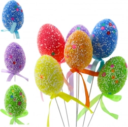 Wielkanocne jajeczka na druciku kolorowe z białymi wzorami i wstążką 6 szt.
