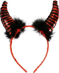 rogi diabła z cekinami i piórami na satynowej opasce