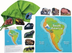 Drewniane puzzle Ameryka Południowa i jej zwierzęta - 16 elementów i 10 zwierząt