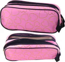 Szkolny piórnik różowy ze złotymi serduszkami, dwukomorowy