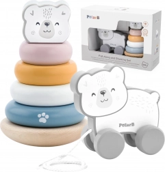 Viga PolarB drewniany zestaw niedźwiedź polarny: piramida i miś na sznurku