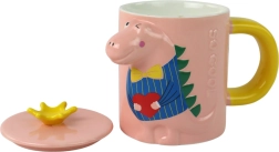 Ceramiczny kubek z pokrywką i łyżeczką z motywem dinozaura różowy 400 ml
