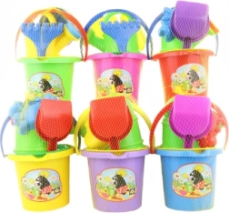 Zestaw do piasku z obrazkiem – wiaderko, łopatka, grabki i konewka