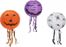Papierowy halloweenowy lampion kula z frędzlami 30 cm, 3 motywy