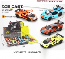 Metalowy samochodzik wyścigowy 1:36 z otwieranymi drzwiami i napędem na sprężynę (pull-back)